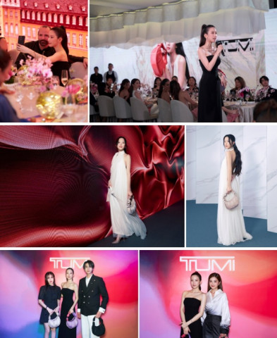 (위부터) 배우 문가영과 투미 크리에이티브 디렉터 빅터 산츠, 문가영이 문라이트에서 착용한 아스라 스몰 크로스바디, 아시아-태평양 지역 셀럽들이 ‘디스커버링 아스라(Discovering Asra)’에 참석해 행사를 즐기고 있는 모습