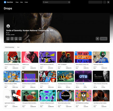 오픈씨 NFT 플랫폼 홈페이지 드롭스(Drops)에 메인(상단 배너)으로 오렌지해어의 ‘Smile of Serenity: Korean National Treasure No. 83 (평온의 미소: 한국 국보 제83호)’ 컬렉션이 소개되고 있다(오픈씨 홈페이지 갈무리)