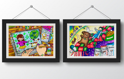 ‘제3회 G&Pet 어린이 미술대회’ 저학년 대상 작품(우지온, 왼쪽)과 고학년 대상 작품(김주하)